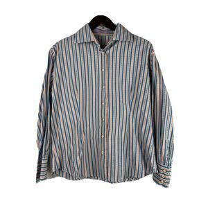 Kuhlman Made in Italy Men's Button Front Dress Shirt Blue Orange Striped. Large